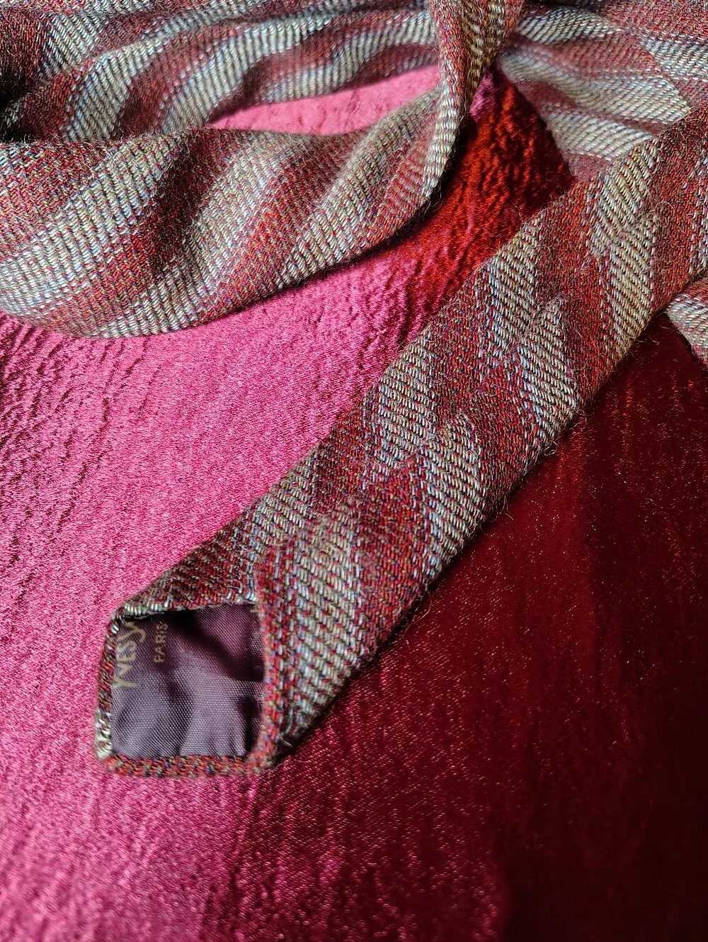 Vintage 80s Yves Saint Laurent Wool Burgundy Gray Diagonal Stripe 3.25